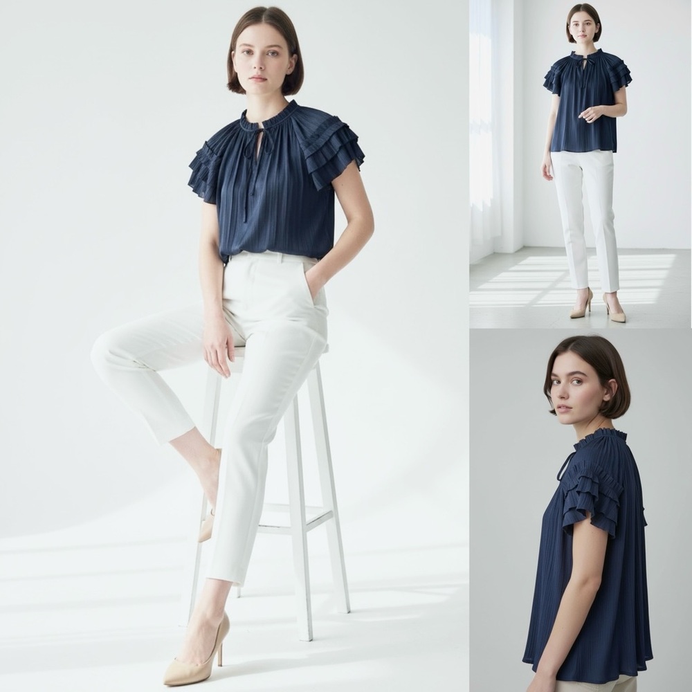 Evereve Ruffle Sleeve Satin Blouse Pleated Texture Relaxed Fit Tie Neck Flowing - Picture 2 of 11